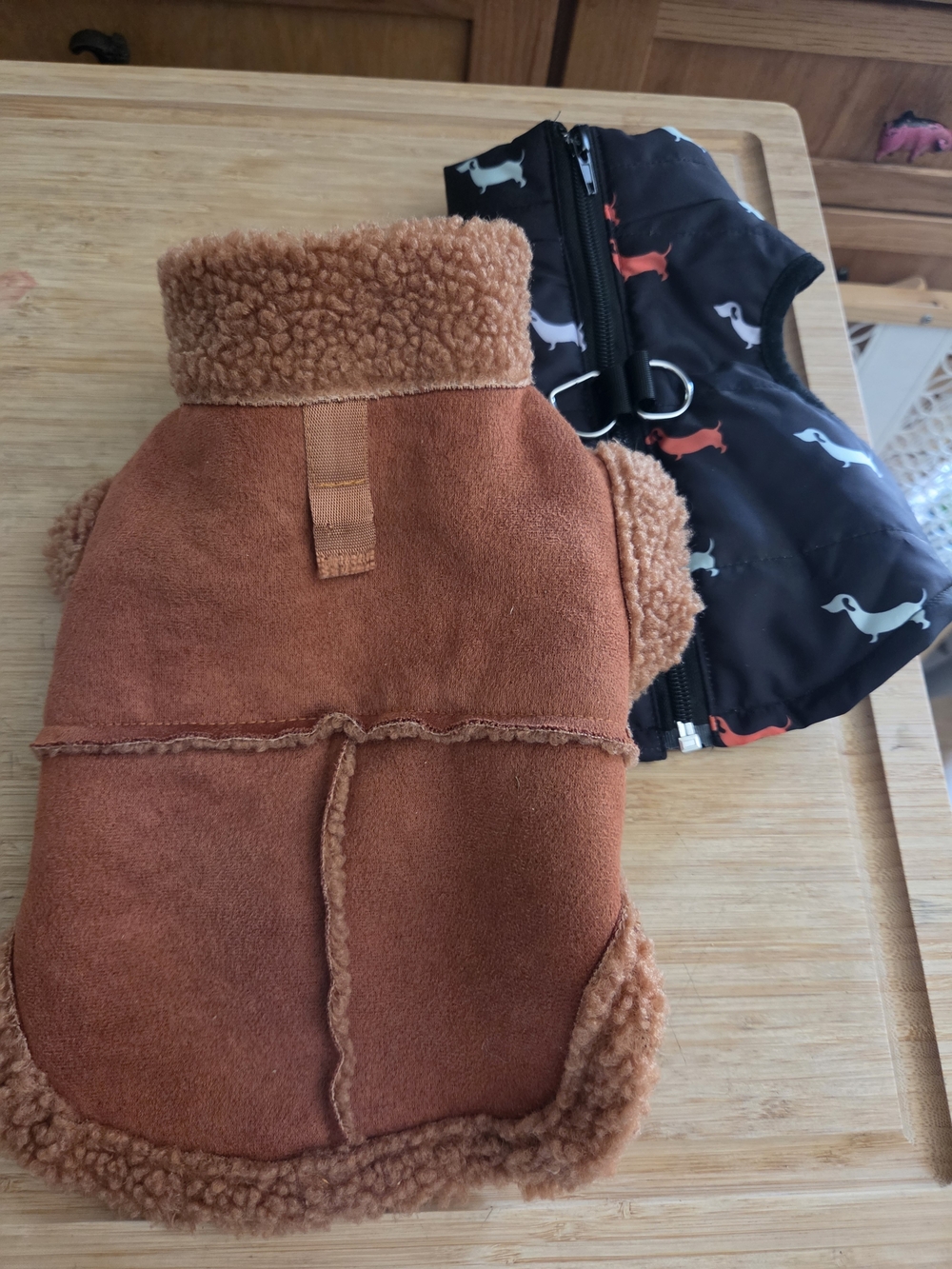 Dog Brown Sherpa Lined Jacket with Black Dachshund Print Vest